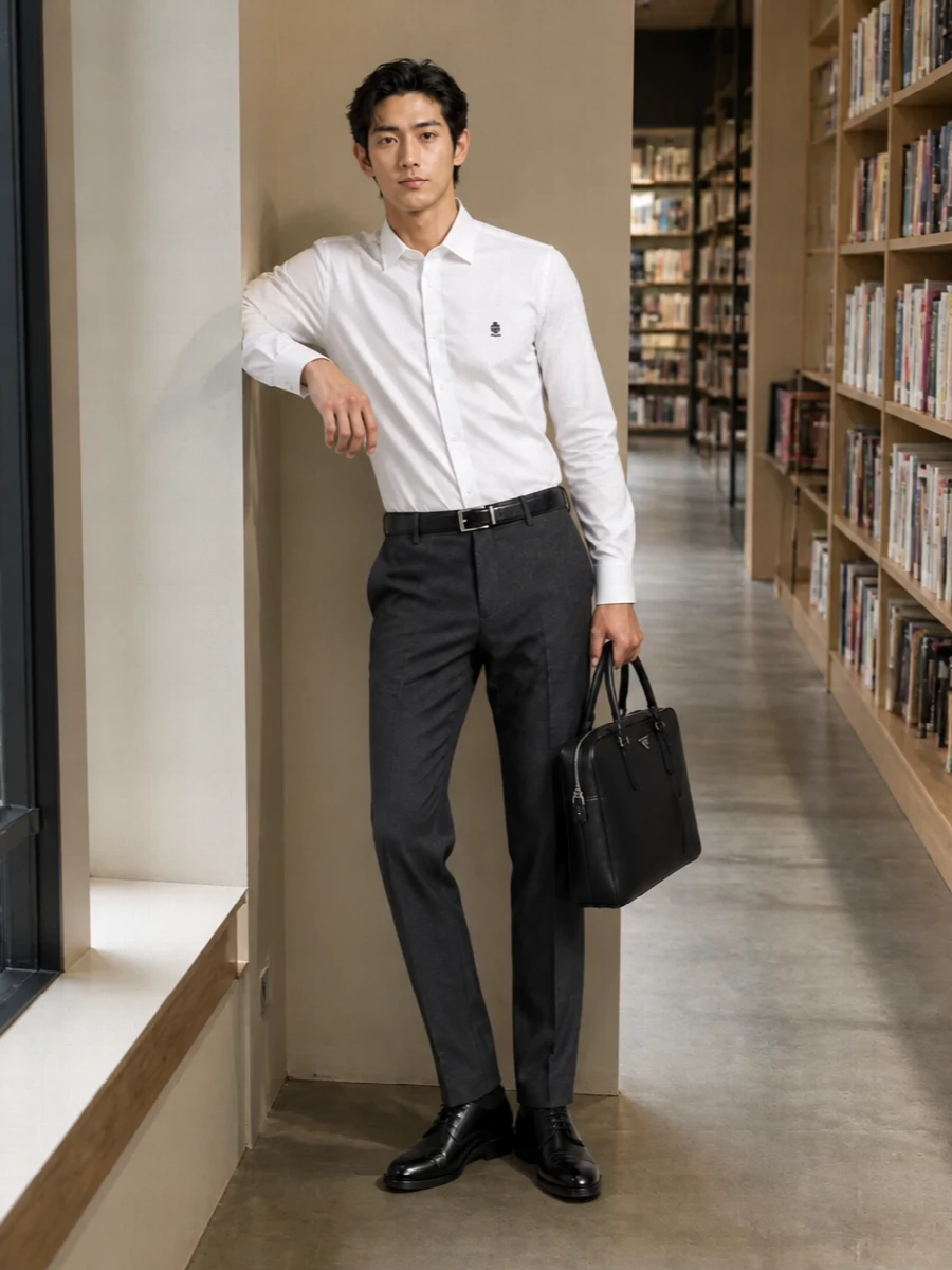 Prada white shirt charcoal trousers black derby