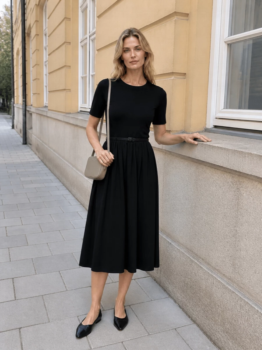 A black midi dress is pared back with pointed flats and a slim belt that quietly sharpens the waist. A small structured taupe bag softens the monochrome and keeps the mood polished yet relaxed. The result is a clean, modern take on everyday refinement that moves easily from desk to dinner.