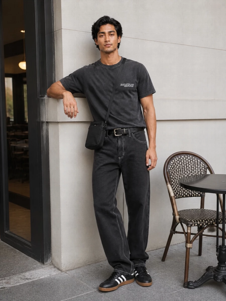 A washed charcoal graphic tee sits over straight charcoal workwear-style trousers for a tight, monochrome base that feels easy but intentional. Black leather Adidas sneakers keep the line sleek with a low, retro profile, while a slim black crossbody and discreet black belt bring just enough structure for city days without overdressing the mood.