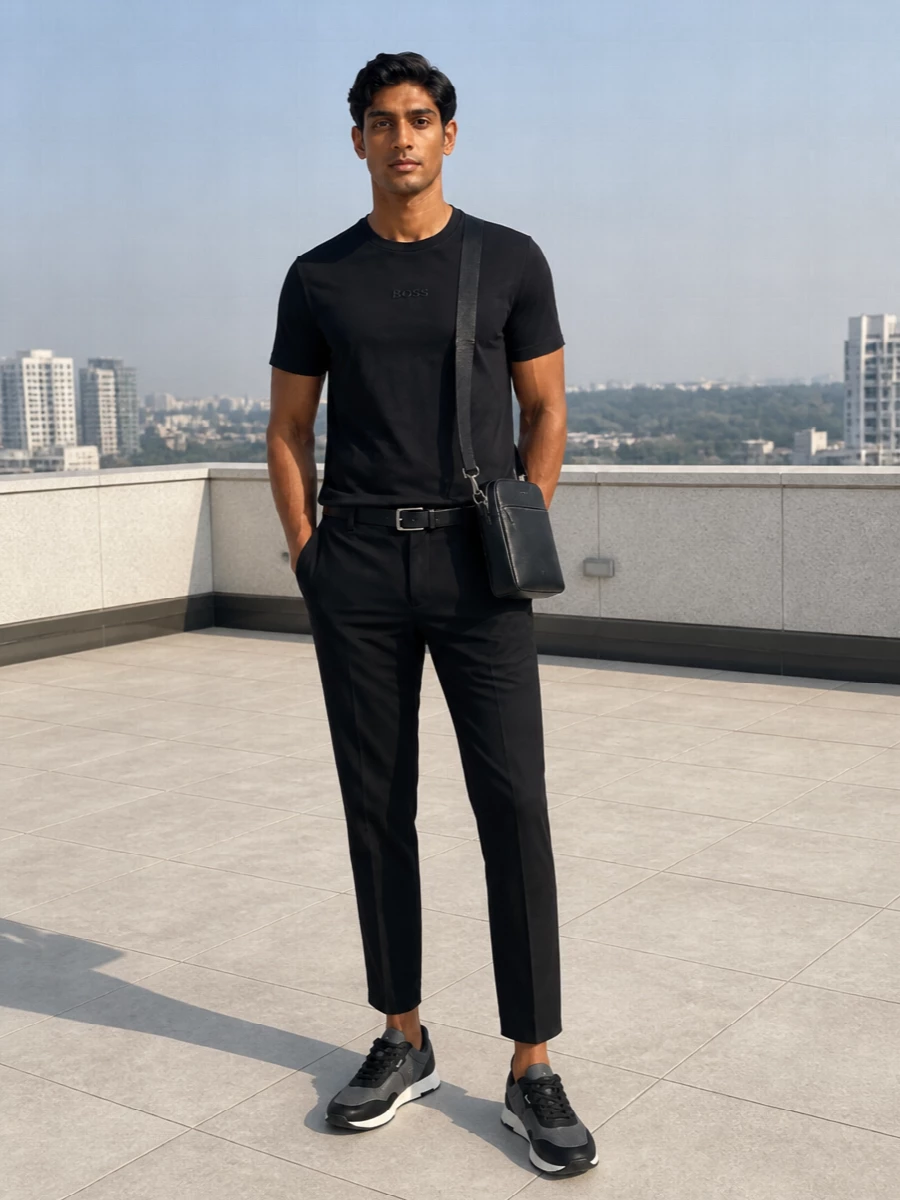 Boss black tshirt cropped trousers sneakers