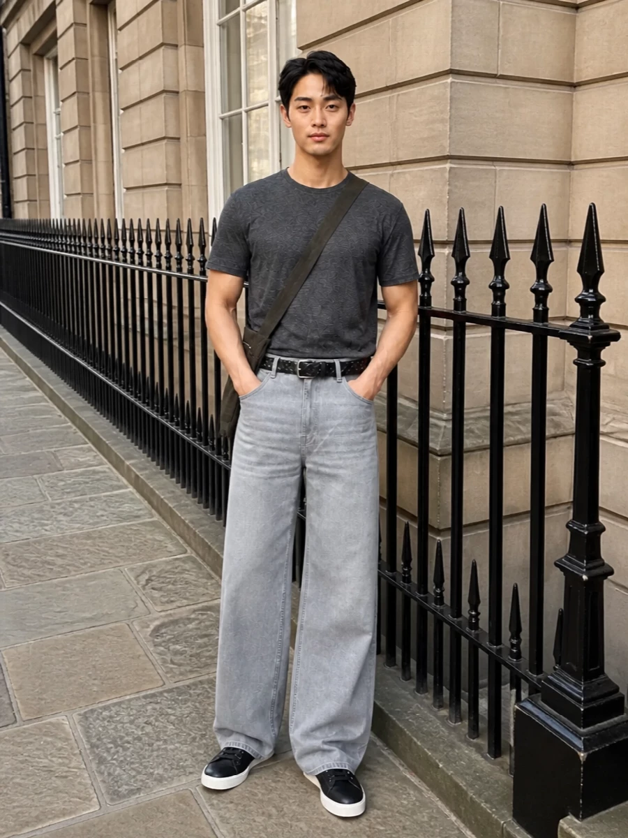 Our legacy wide leg jeans charcoal tee outfit