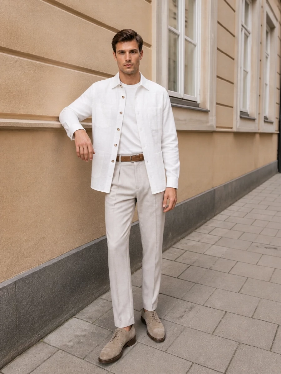 An all-neutrals palette of white and light stone keeps this outfit crisp yet soft, with the tailored trouser giving structure to the relaxed workshirt. Sand suede derbies and a camel belt bring just enough texture, while the cognac weekender adds a confident, warm accent that still reads understated. It is an easy, quietly polished combination for warm days when you want tailoring to feel breathable rather than formal.