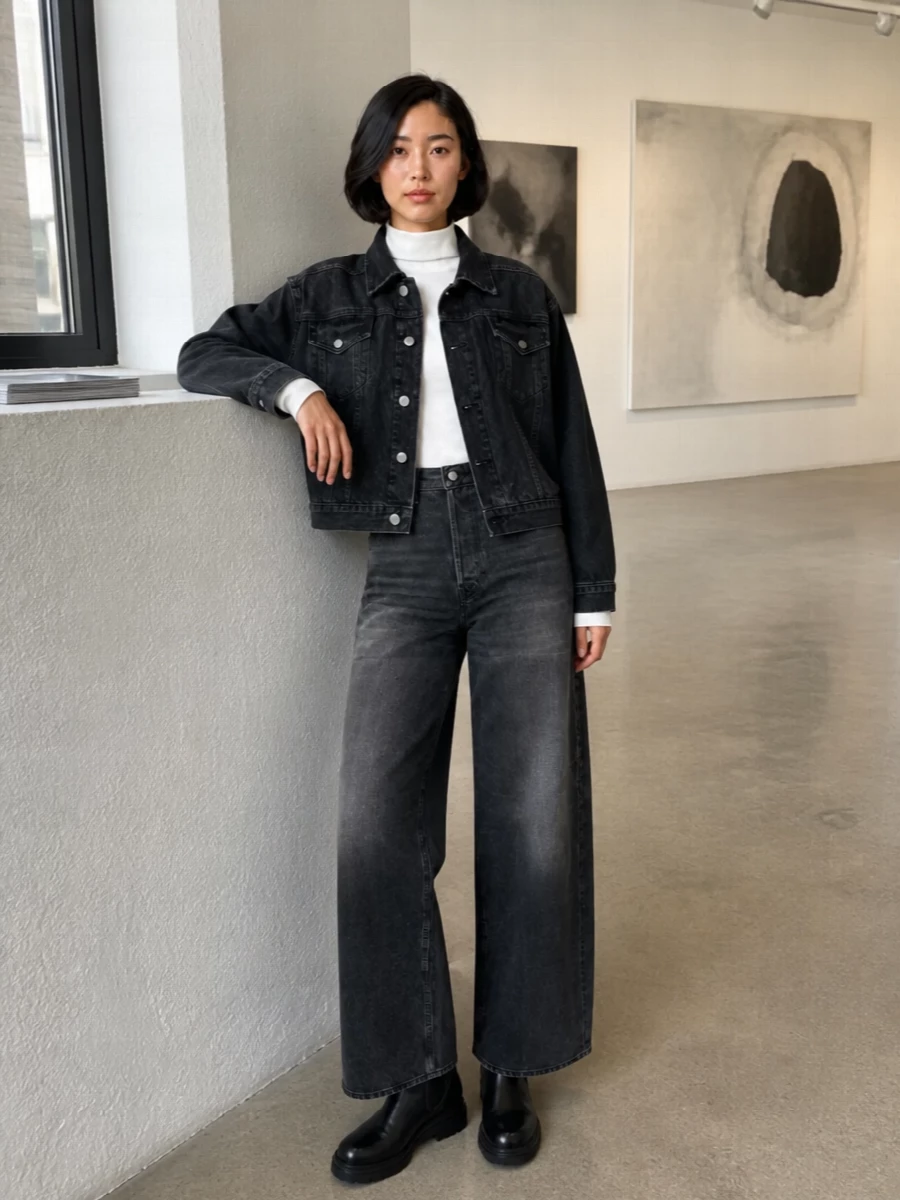 I am building around the jacket as the anchor, so I chose top and jeans rather than a dress to keep the proportion play between cropped outerwear and long denim clean and coherent. The result is a monochrome, downtown Haikure-centric ensemble, softened with a white mock-neck, grounded by chunky black Chelseas and finished with a quiet A.P.C. hobo for an easy city uniform that feels considered but low-key.
