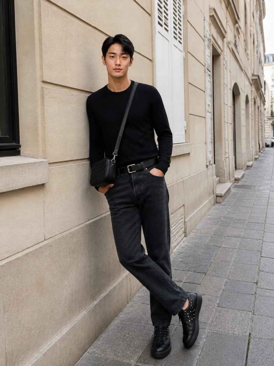 Valentino black denim outfit rockstud sneakers