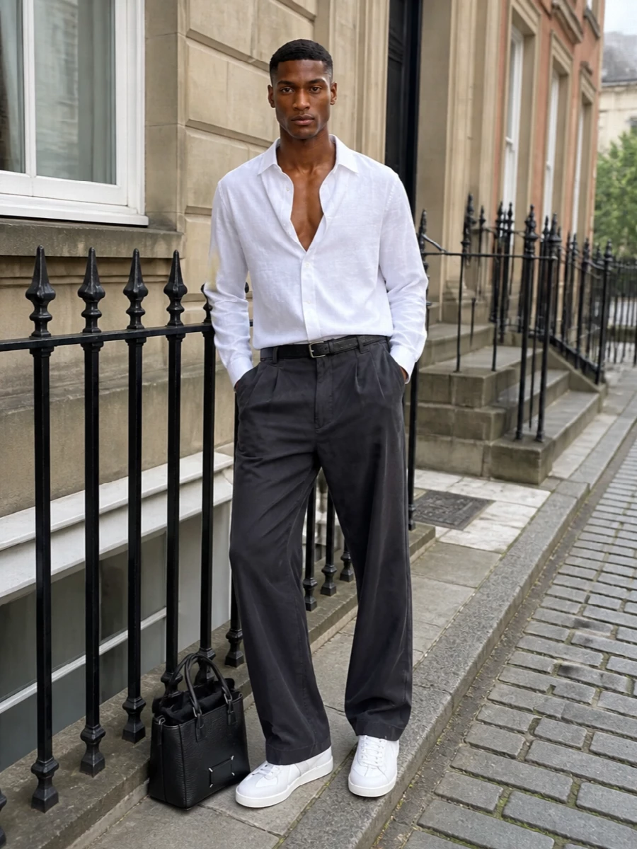 Maison margiela charcoal trouser white shirt outfit