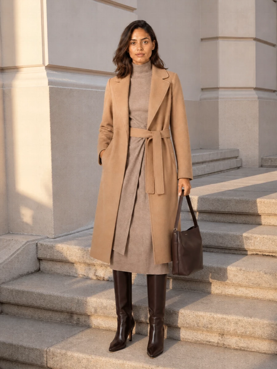 Max mara camel coat knit wrap dress outfit
