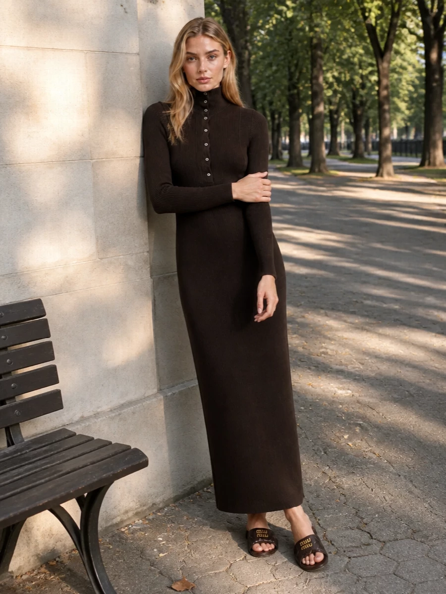 This is a deep chocolate column that leans into texture rather than logos, pairing the ribbed Tom Ford midi with the quilted Miu Miu slide for a quietly sensual, winter-ready base. I chose the dress path here because the single, uninterrupted knit line feels more modern and harmonious with the flat slide than tailored separates would. The Jacquemus shoulder bag finishes it with a precise hit of gold and structure, keeping the whole ensemble firmly in the quiet luxury space without sacrificing ease.