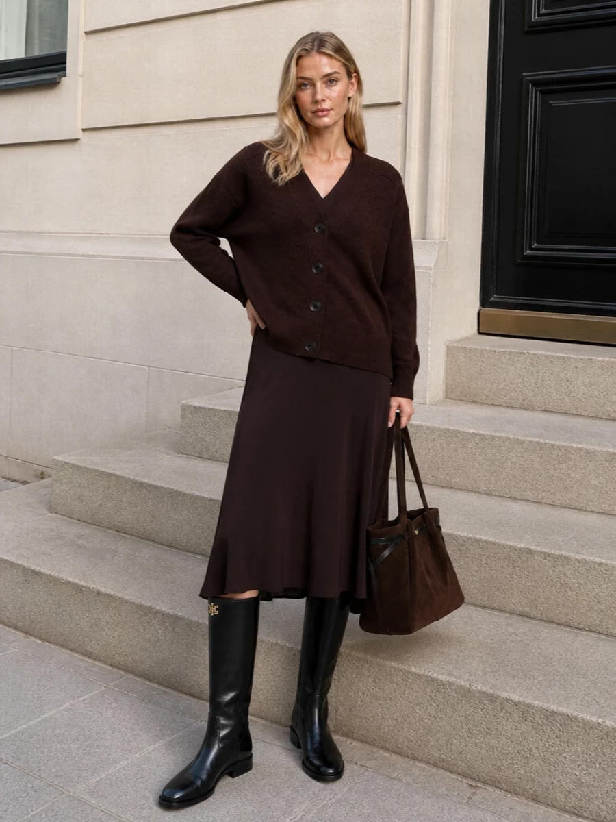 Tory burch chocolate cardigan midi dress outfit