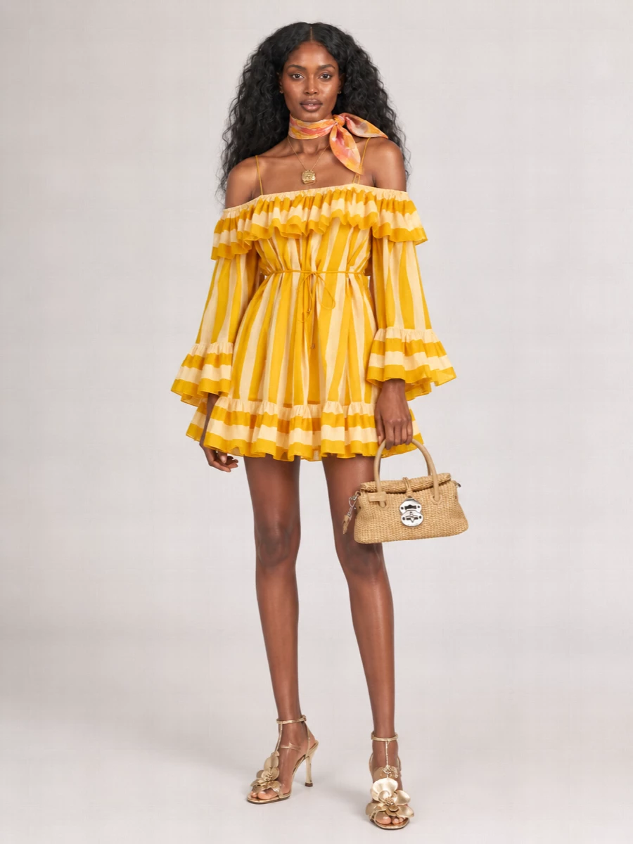 Zimmermann Cotton Striped Off-Shoulder Mini Dress