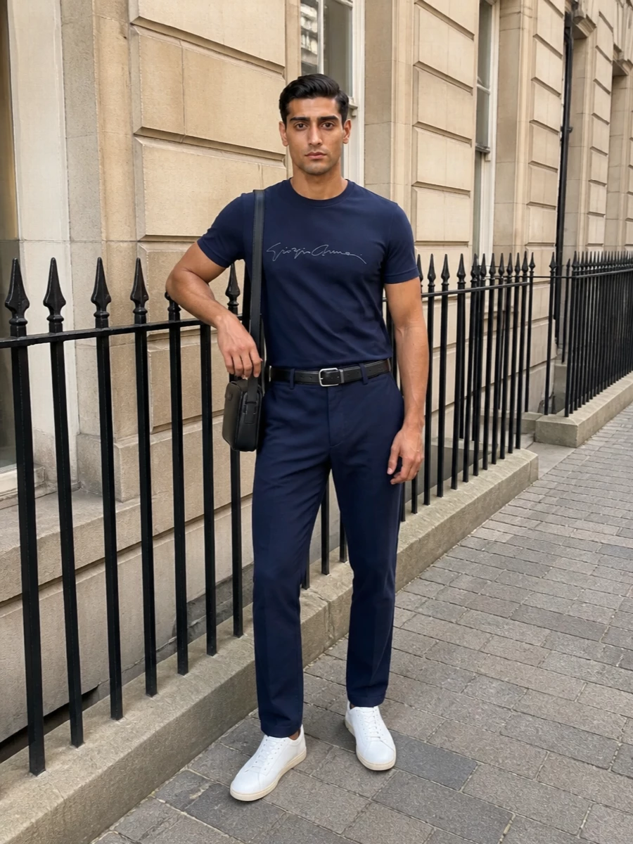 Giorgio armani navy tee tailored trousers outfit