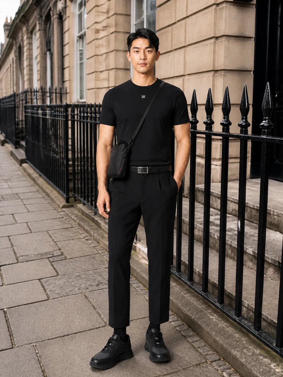 A black-on-black base keeps the focus on line and texture, with the cropped trouser giving the structured tee a sharper, more intentional frame. Stealthy sneakers and a slim, logoed belt keep everything clean and urban, while the compact crossbody introduces just enough detail through hardware and a hit of red. It is a pulled-together streetwear uniform that works from daytime city movement to low-key evenings without needing a change of pieces.
