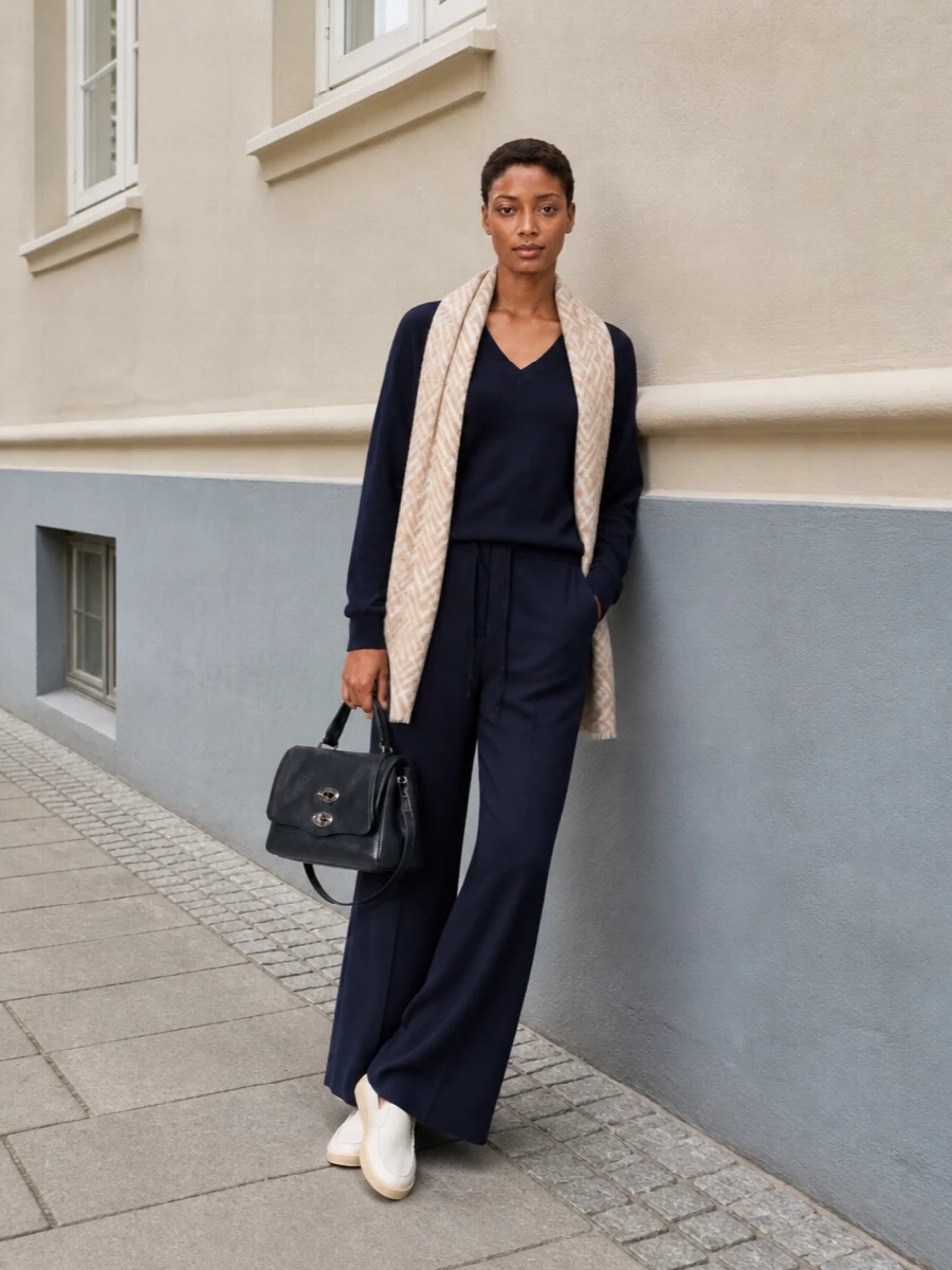 Parosh navy knit wide leg trouser outfit