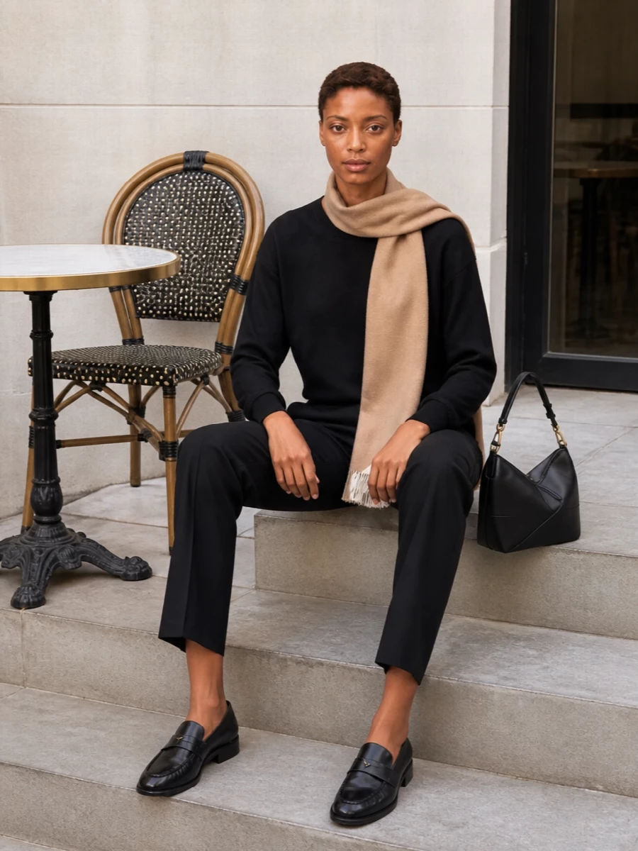 Loewe black sweater the row tailored trousers