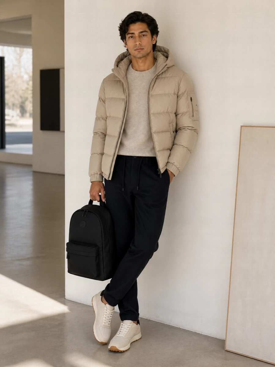 Herno beige puffer navy trousers hogan sneakers