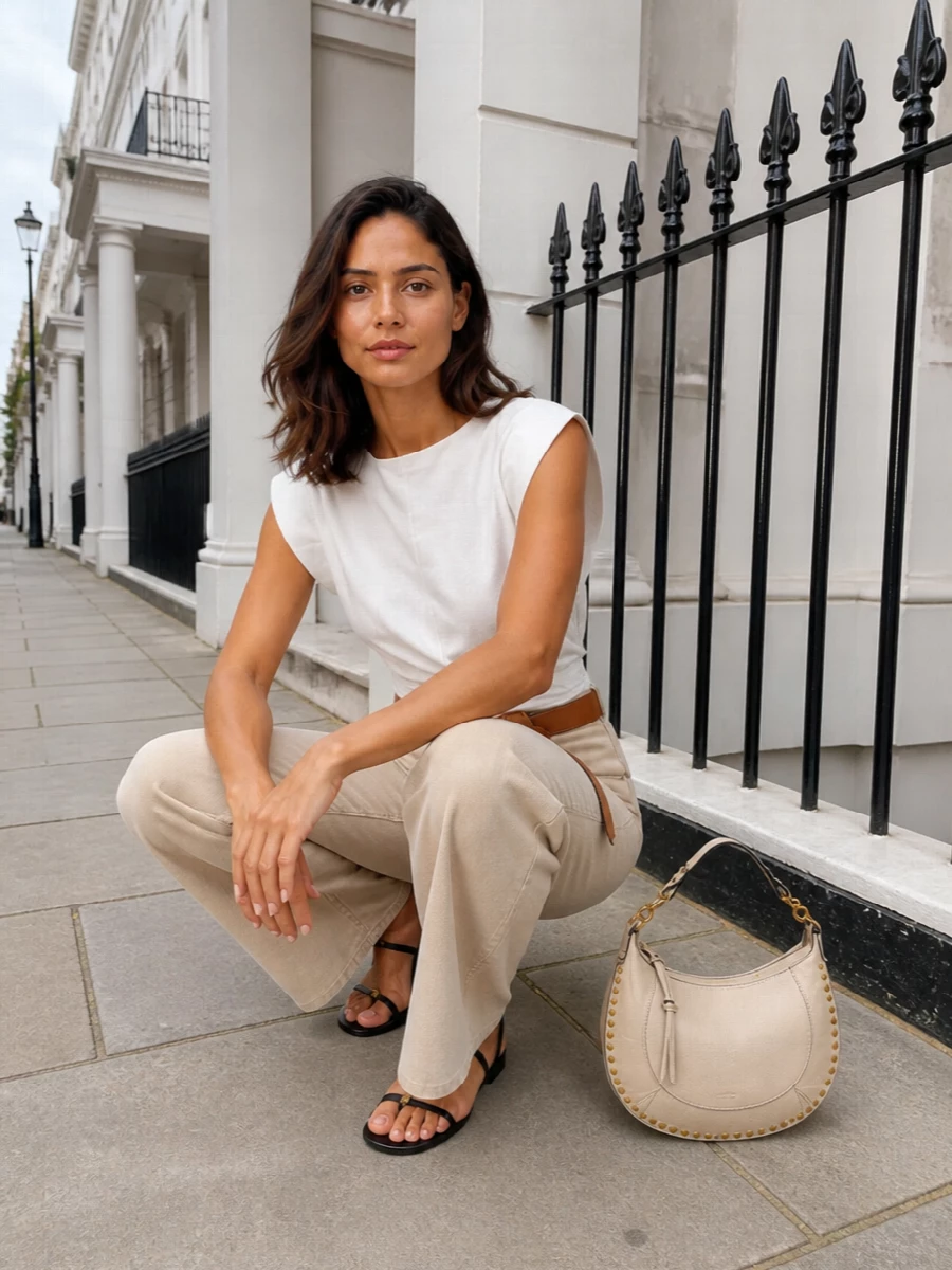 Isabel marant beige wide leg trousers outfit