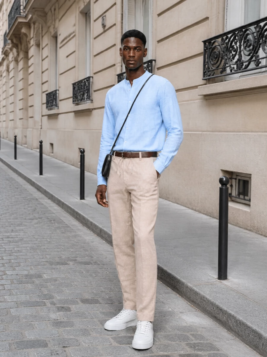 Hugo blue mandarin shirt beige trousers outfit