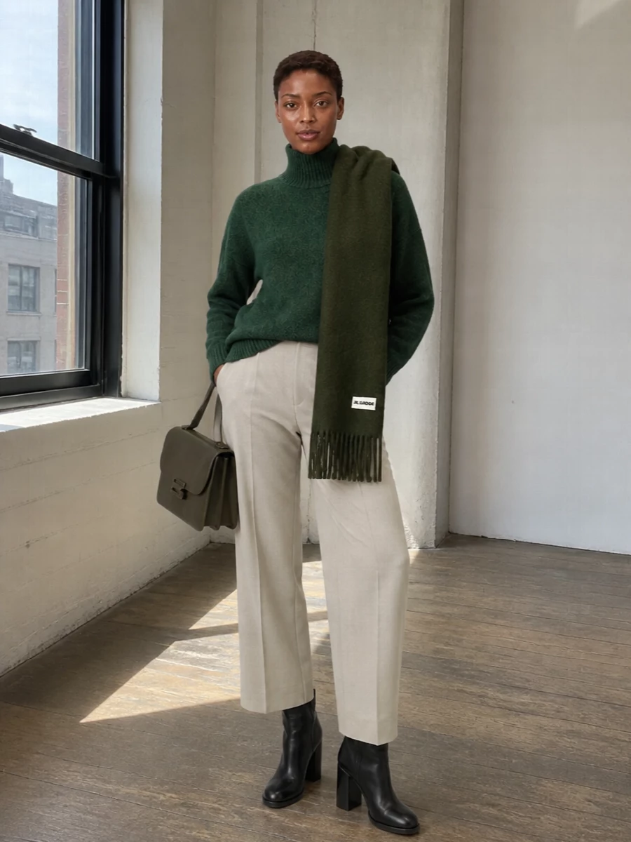 Victoria beckham green sweater taupe wide leg pants