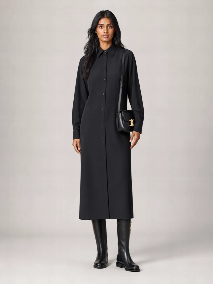 I am anchoring this with the Balenciaga black maxi shirt dress rather than suiting, because its long, fluid column works seamlessly with the equestrian Dior boots for a quietly decisive silhouette. The high neck, covered arms and uninterrupted skirt keep the mood minimal and polished, letting the boot hardware and Celine clasp supply all the shine. It reads as modern city eveningwear that feels luxurious without trying too hard.