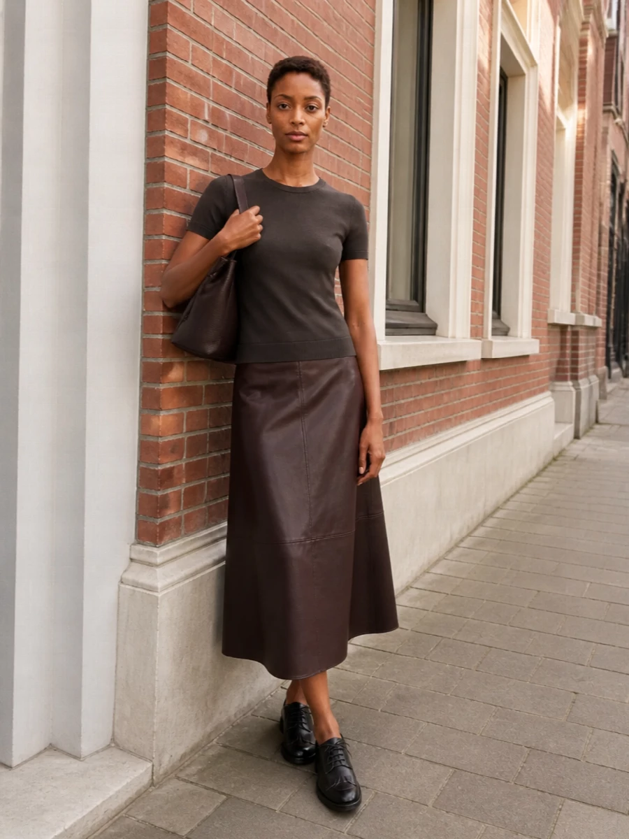 Max mara brown midi skirt derby outfit