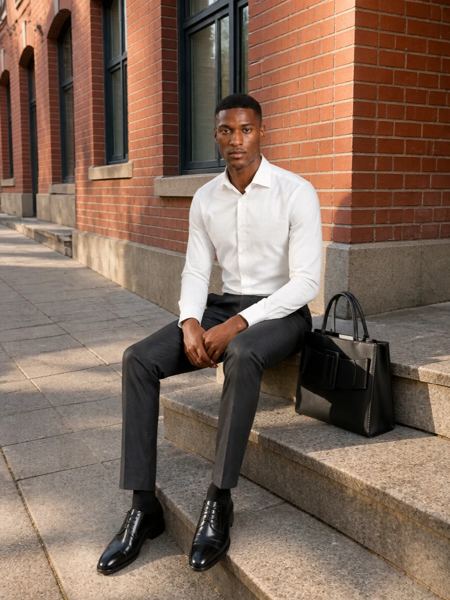 A crisp white shirt pairs with charcoal tailoring for a quietly precise business ensemble that reads assured rather than loud. Black cap-toe Oxfords and a structured black tote keep the line clean and formal, ideal for days that run straight into dinner. The restrained monochrome palette and regular fits feel modern, minimalist, and easy to wear season after season.