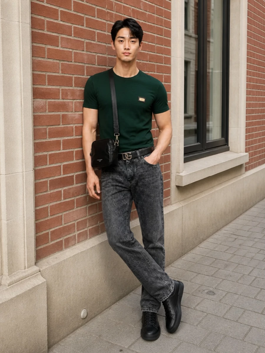 Dolce gabbana green tee charcoal jeans outfit