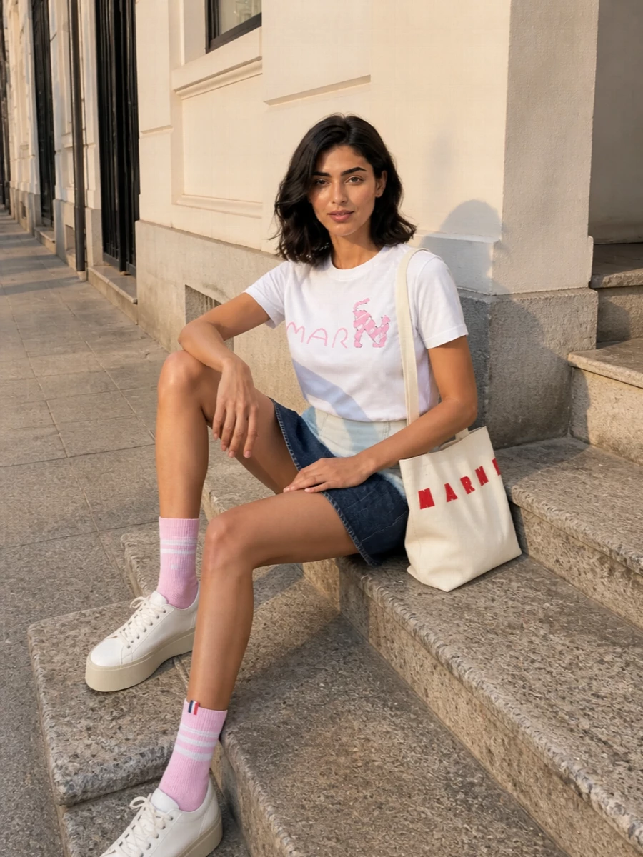 A crisp white Marni tee with its pink cat graphic meets a two-tone denim mini for a playful, collegiate take on off duty dressing. Chunky white platforms and blush socks keep the mood sporty and modern, while the cream logo tote reinforces the graphic, logo-driven story without adding weight. It is light, easy and artful, ideal for city days that move from coffee to gallery to late-afternoon drinks.