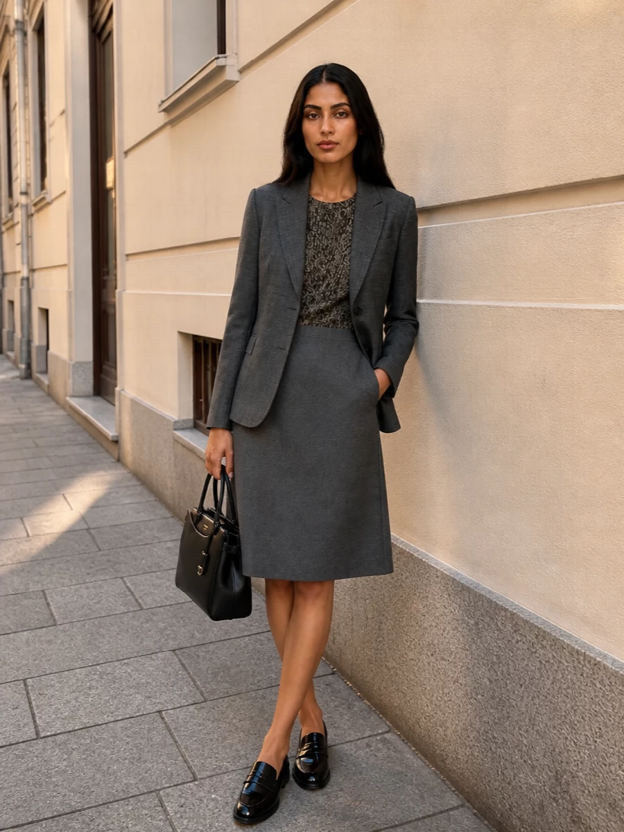 Prada charcoal blazer tailored a line dress outfit