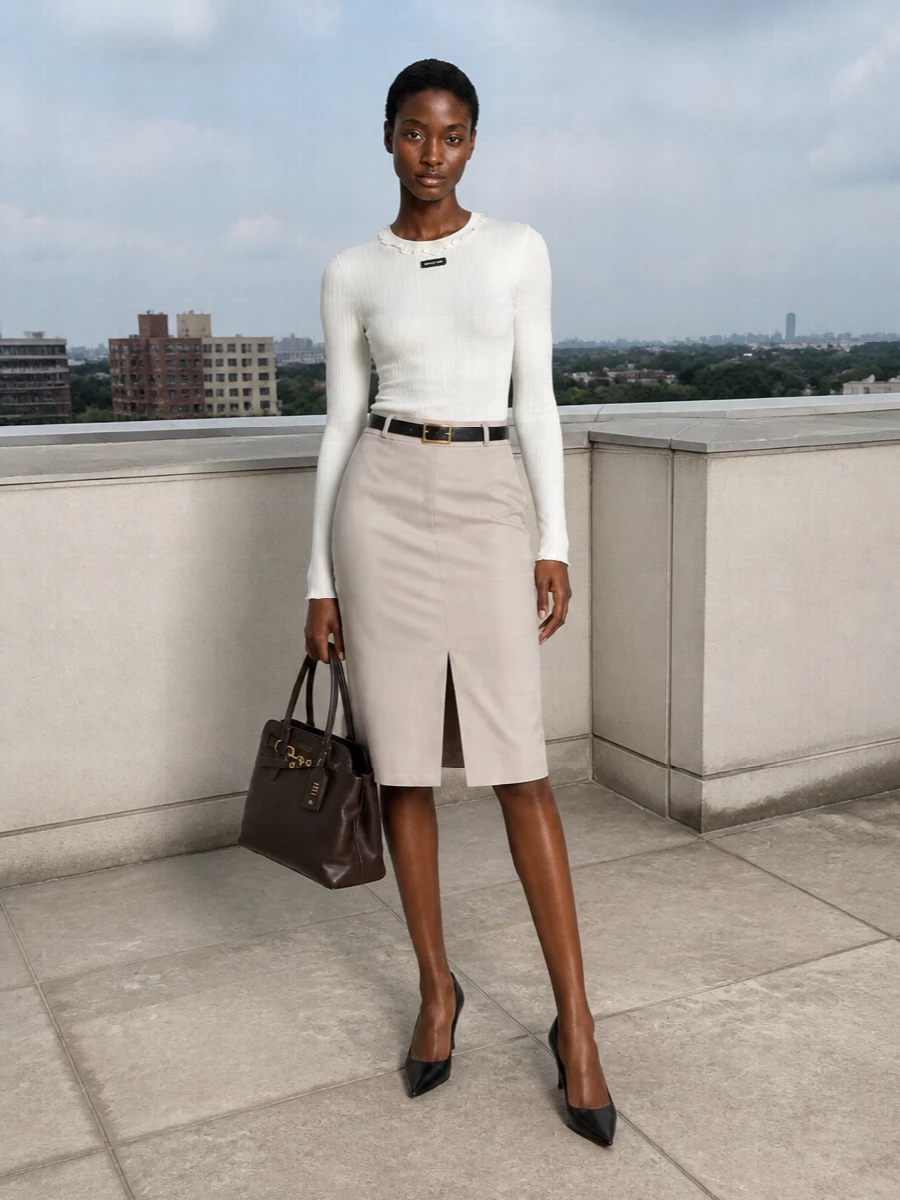 Soft beige and ivory keep the pencil skirt pairing light, with the ribbed knit tracing the body just enough to honor its clean line. A slim black belt and pointed pumps sharpen the waist and leg, while a structured chocolate top-handle brings quiet depth for a precise, modern day-into-dinner ensemble.
