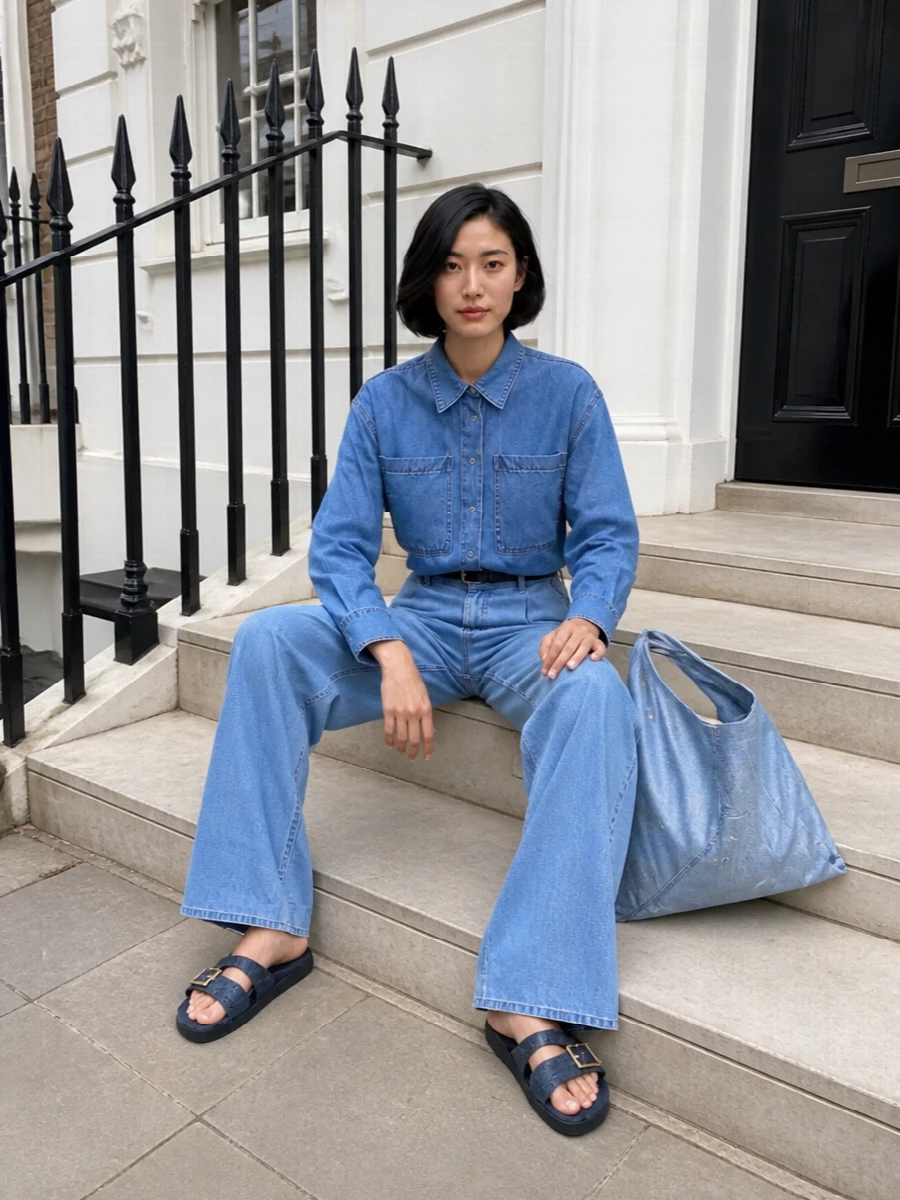 7fam denim shirt wide leg jeans outfit