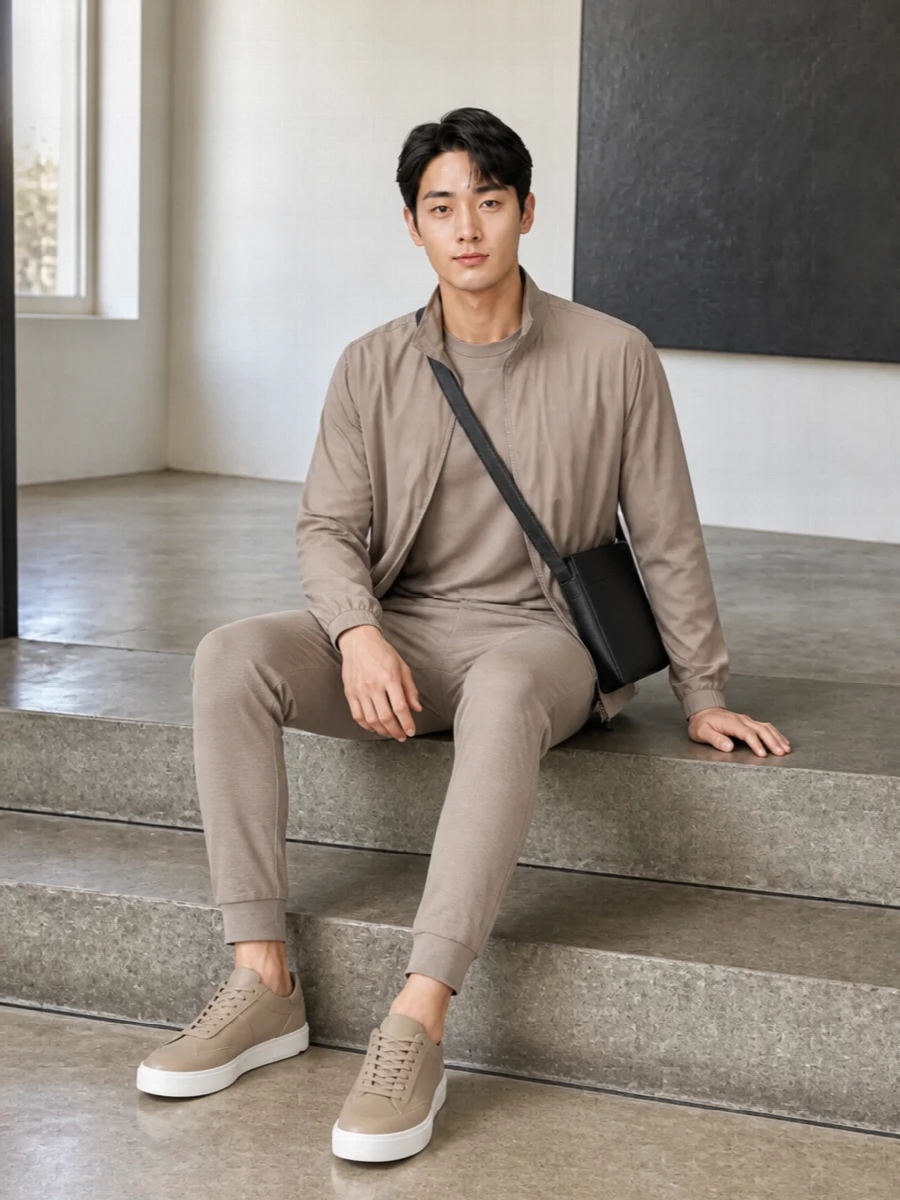 A soft taupe column of blouson, tee and jogger keeps the palette calm and refined, broken only by crisp white soles and a slim black crossbody. The proportions stay lean and athletic, with elasticated hems and tapered lines giving structure without stiffness for travel days or low-key city plans.