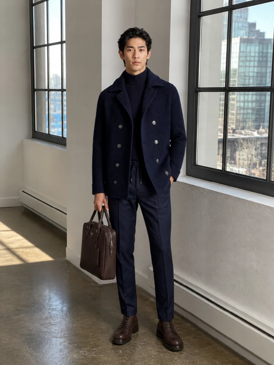 Brunello cucinelli navy coat drawstring trousers