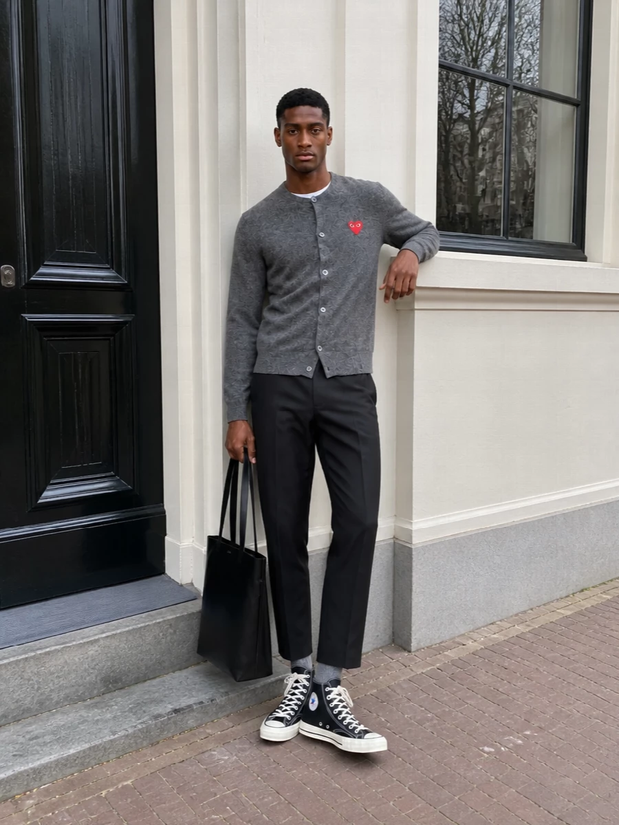 Comme des garcons cardigan cropped trousers hi tops