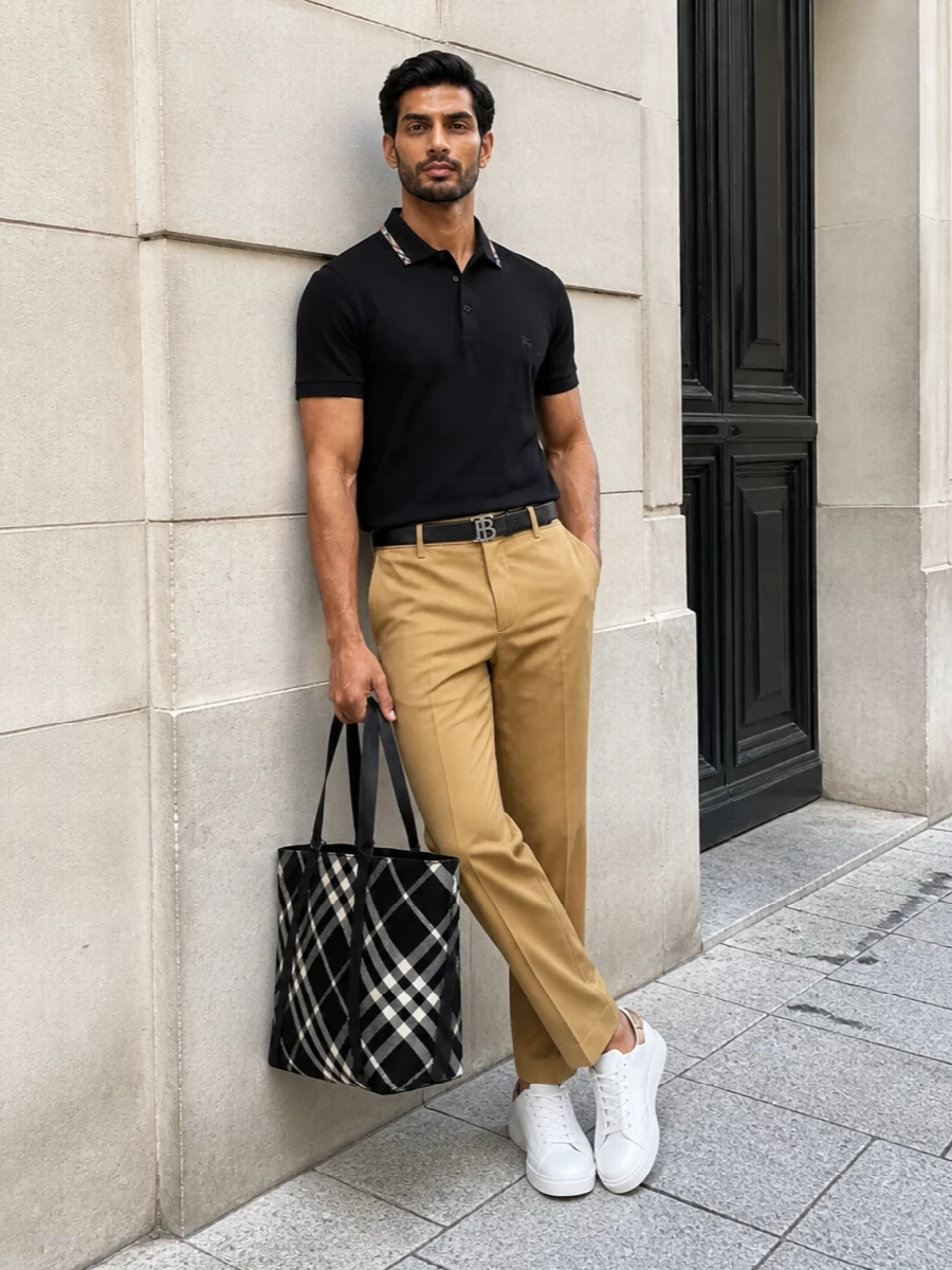 This look leans into Burberry’s quiet-luxury codes: the black polo with checked collar is grounded by crisp camel tailored trousers for a smart, preppy SS silhouette. Clean white leather sneakers with a subtle heel check and a structured graphic tote keep the outfit modern and polished, while the reversible TB belt quietly ties the black and camel tones together for a considered, head-to-toe finish.