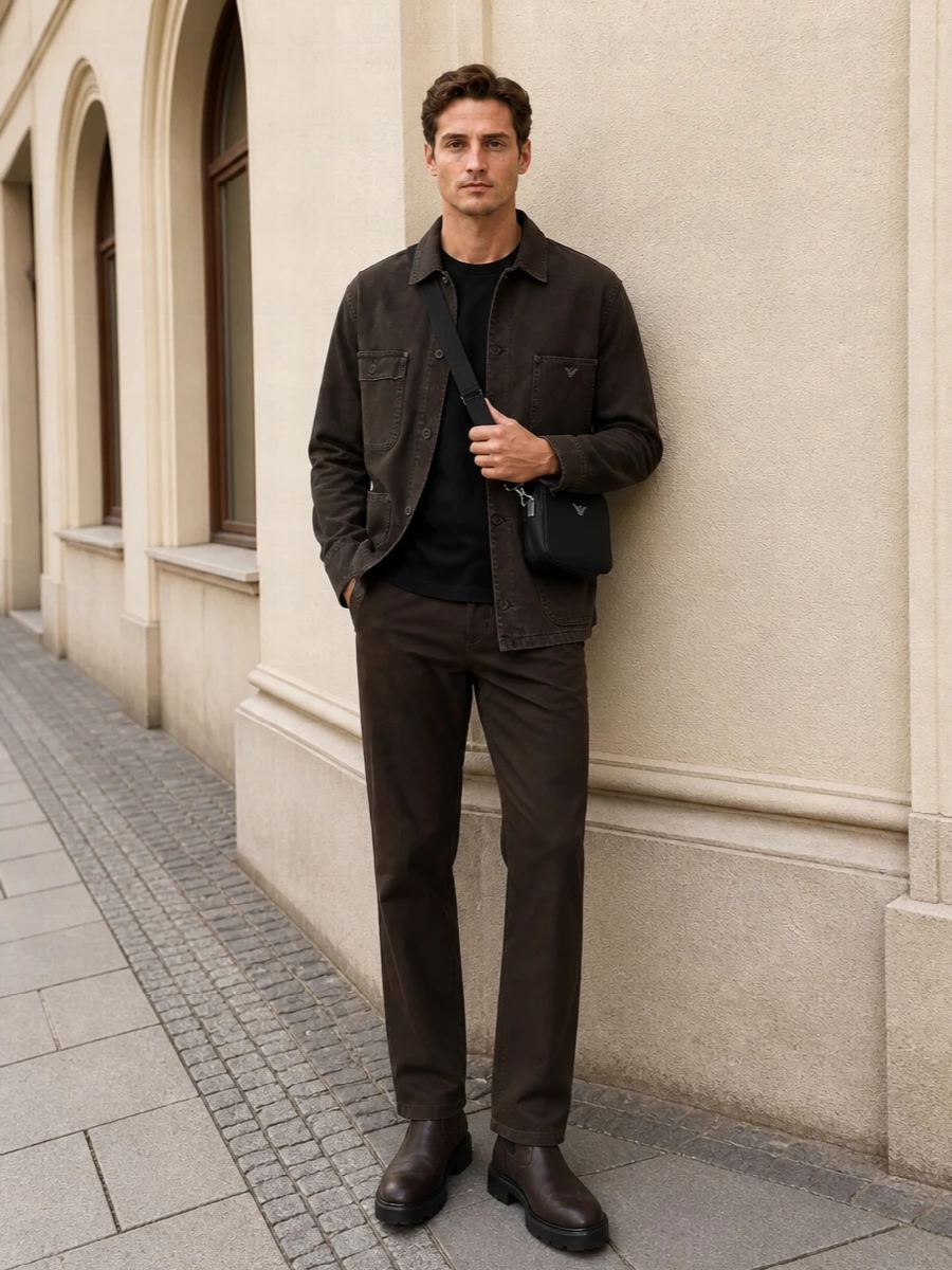 Emporio armani chore jacket brown trousers outfit