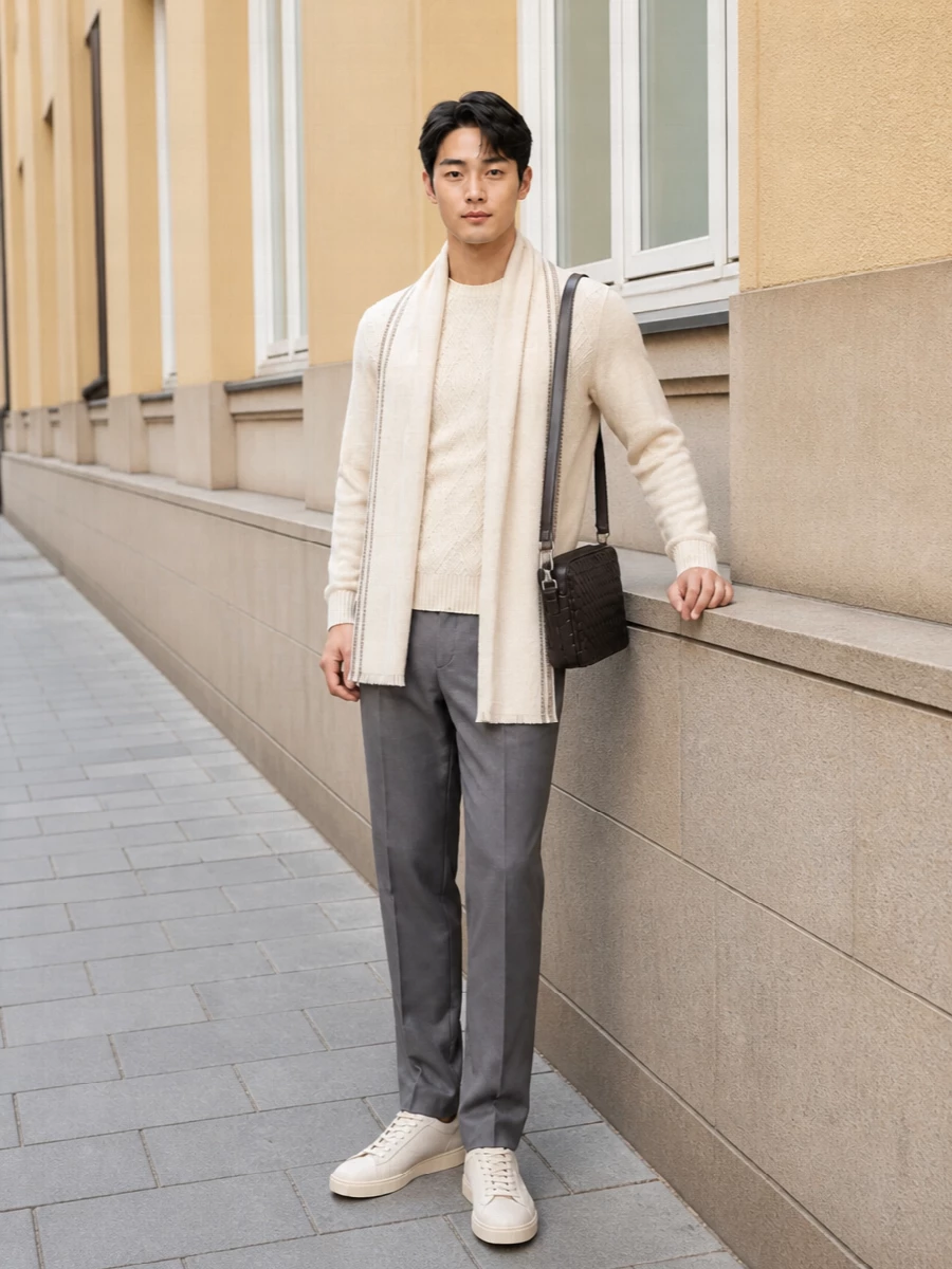 Herno ivory sweater grey trousers sneakers