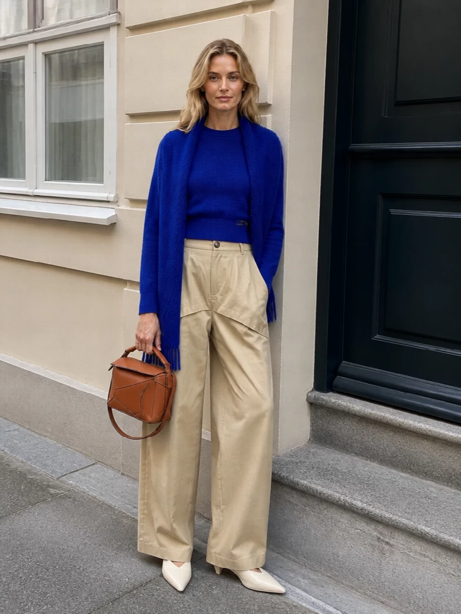Loewe cobalt jumper sand wide leg trousers