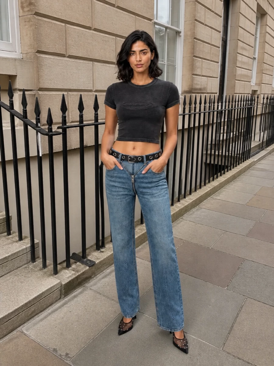 Alexander wang denim jeans black crop top outfit