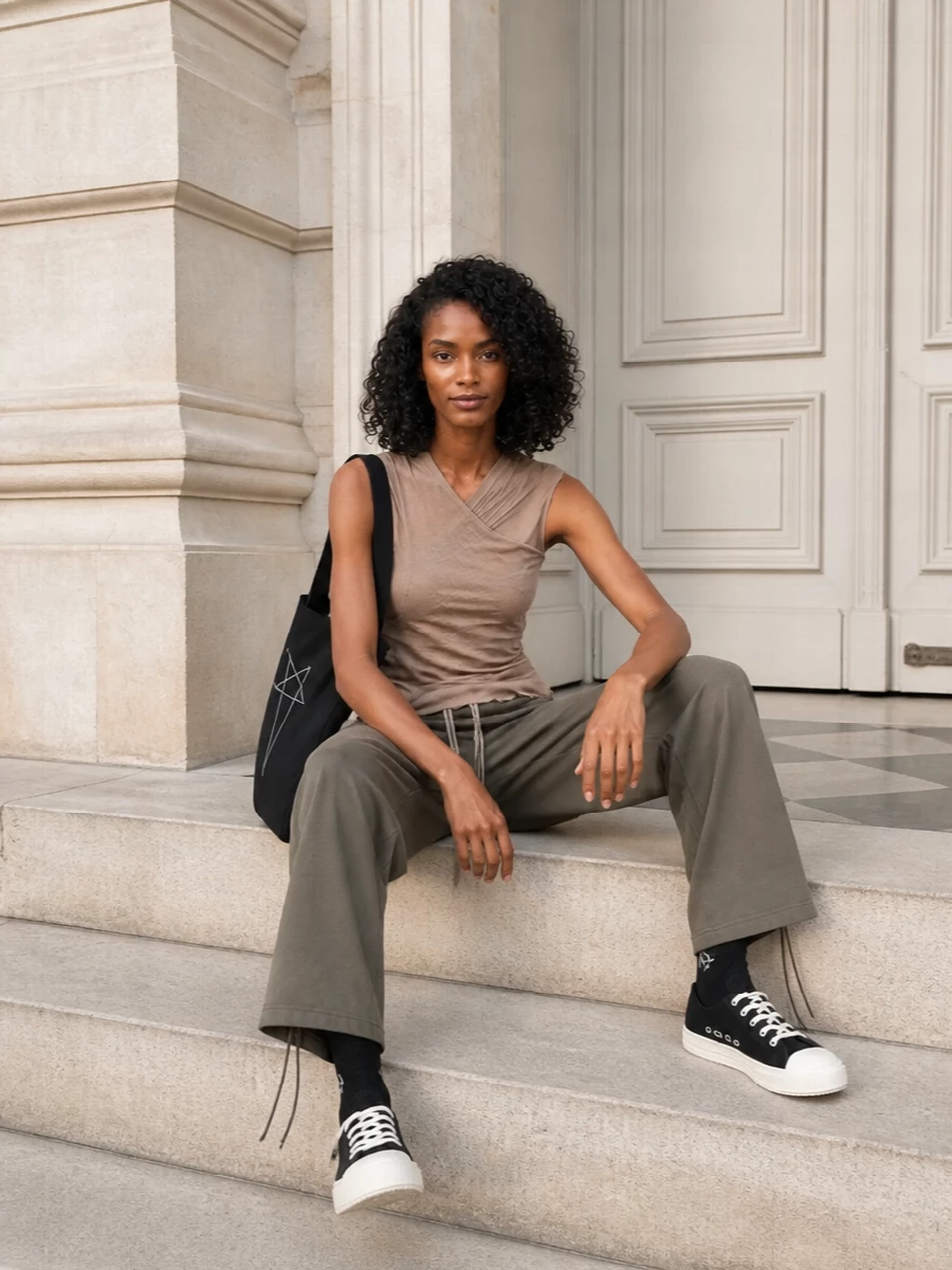 Khaki drape and sand-beige twist create a soft, tonal column that feels relaxed but sharply considered for city days. Black cult sneakers and a graphic tote anchor the fluid lines so the volume reads intentional, not slouchy. The result is an off-duty uniform with quiet attitude and real ease in motion.