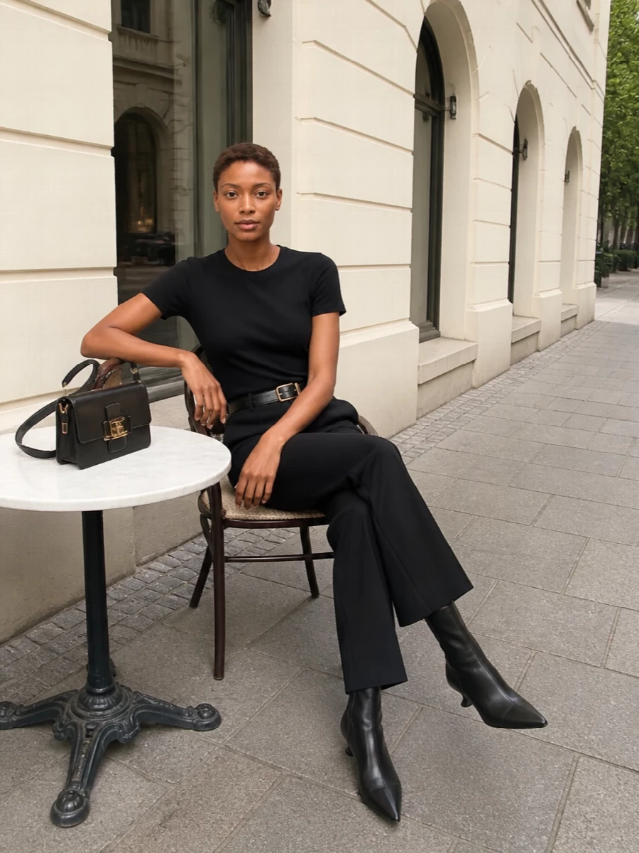 Lanvin black wide leg trouser ankle boot outfit