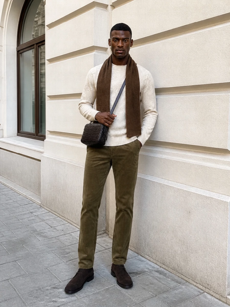 Etro corduroy trousers ivory paisley knit outfit