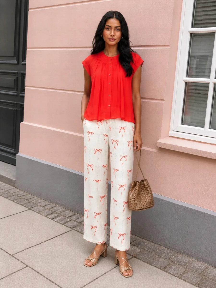 A sheer coral blouse floats over ivory bow-print trousers for a soft, sunlit palette that feels romantic yet relaxed. Metallic champagne sandals and a rose-gold woven bucket bag add a gentle glow without stealing attention. The floral scarf finishes the story with a whisper of print that ties the warm tones together.