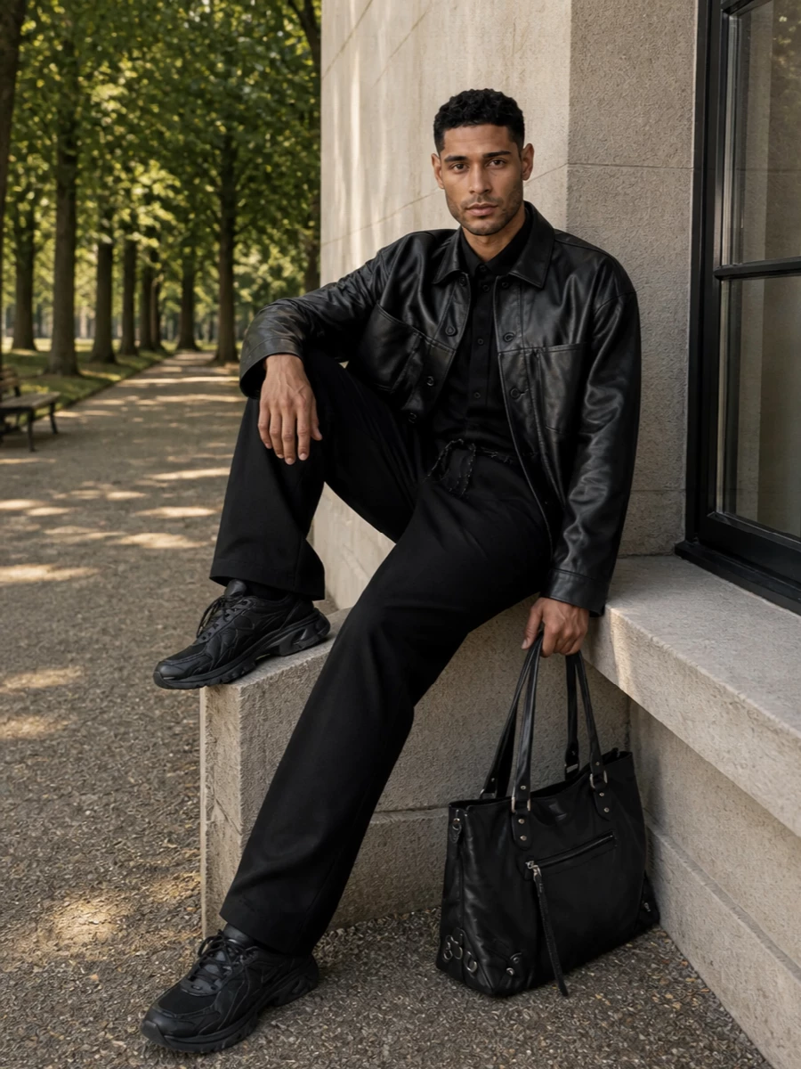 A monochrome Balenciaga uniform that blends clean tailoring with street hardware, built around the boxy leather jacket. The discreet shirt and drawstring trouser keep the lines sharp, while stealth runners and an oversized tote push it firmly into urban, late-night territory without feeling forced.