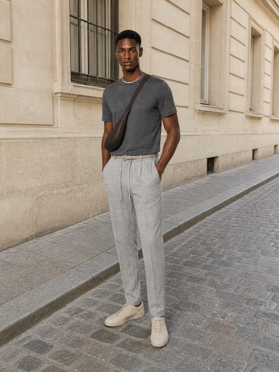 A charcoal tee and light grey drawstring trousers create a calm, tonal base that feels considered without being formal. Sand suede sneakers and a taupe braided belt warm the palette just enough, keeping everything soft and modern. The crescent crossbody in deep brown quietly sharpens the outfit, adding structure and depth while staying resolutely understated.