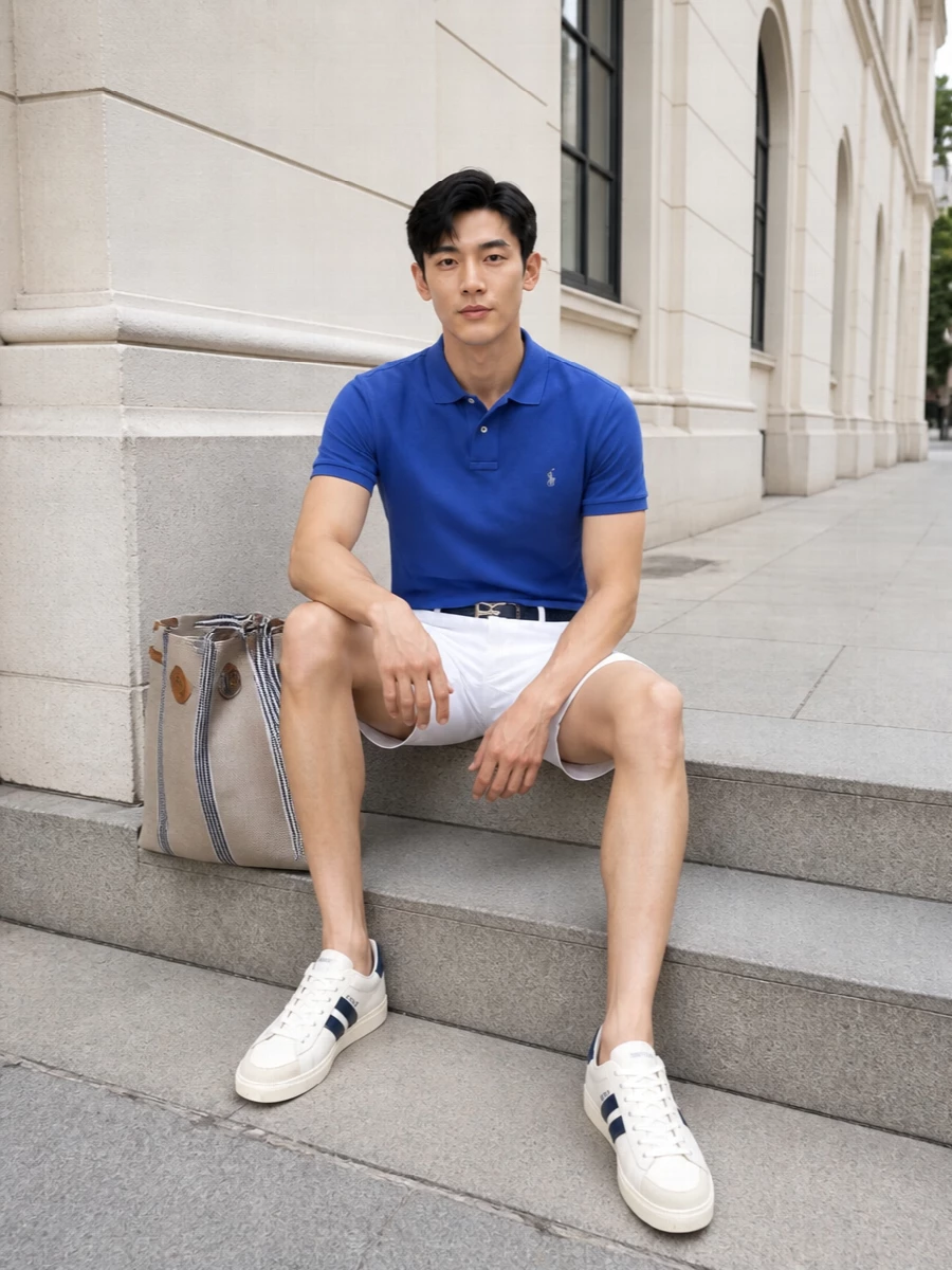 Cobalt and optic white keep this Polo Ralph Lauren outfit crisp, with the tailored chino short sharpening the relaxed polo into something you can wear well beyond the beach. Off‑white and navy Bally sneakers echo the palette without shouting, while the Valentino canvas tote and subtle Ferragamo belt add a quiet Riviera polish that still feels easy for daytime. The result is clean, sporty prep you can take from city terrace to coastal weekend in one move.