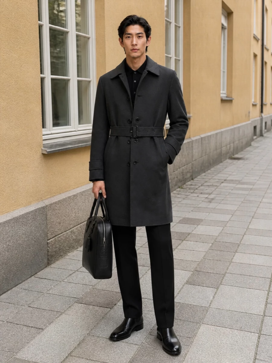 Lardini charcoal coat black trousers chelsea boots