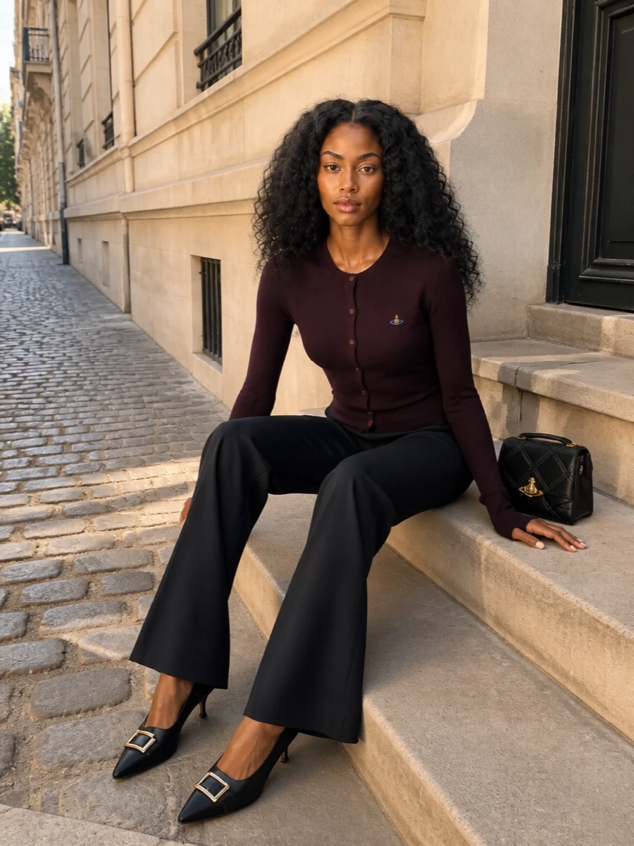 Deep aubergine knit paired with inky flared tailoring creates a long, collegiate line that feels grown up rather than nostalgic. Black, gold-detailed accessories sharpen the palette, keeping the mood polished without tipping into severity. It is the kind of preppy that reads as modern city uniform, from late office afternoons to dinner reservations.
