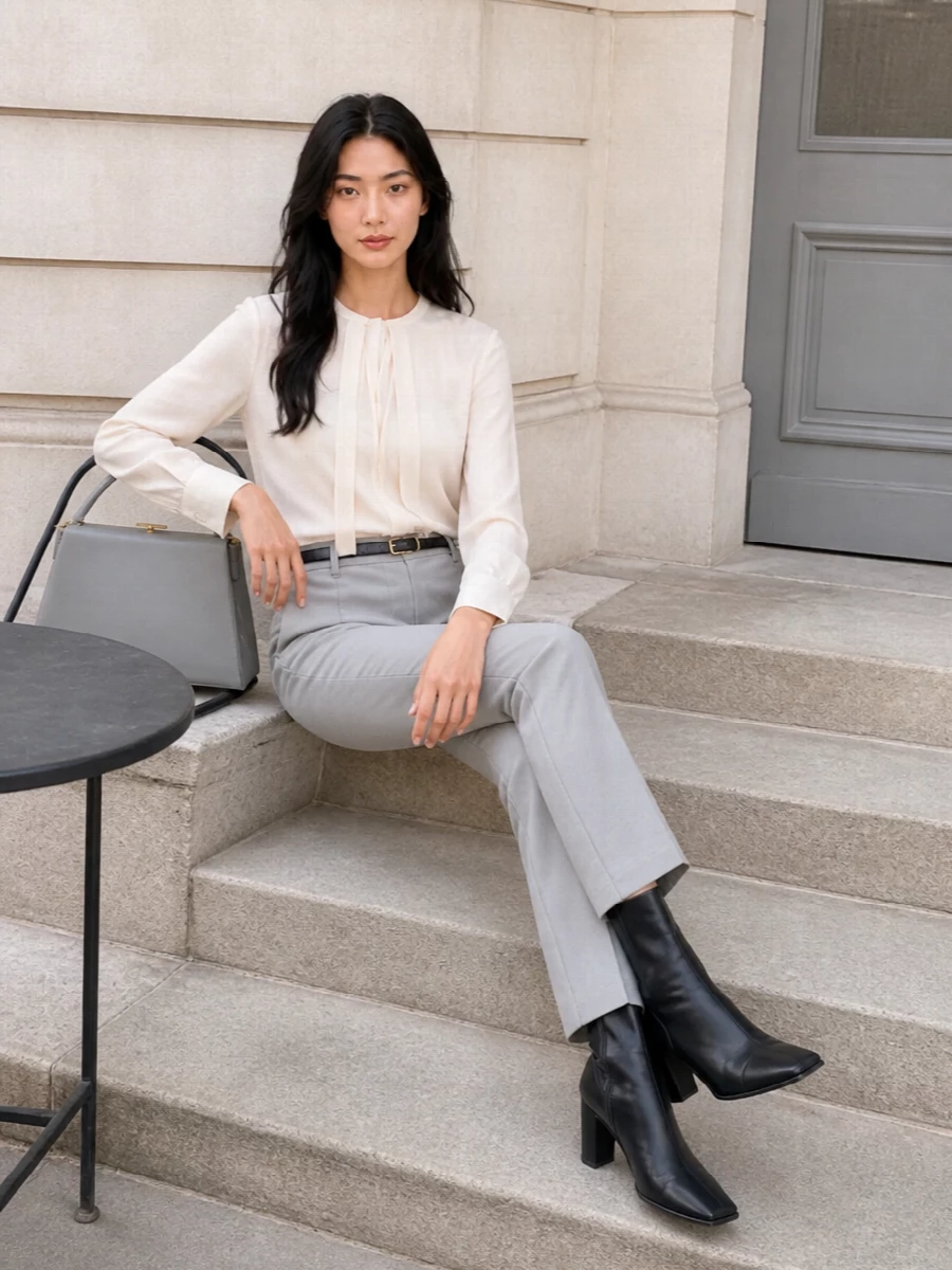 A high-waisted grey trouser meets a liquid ivory blouse for a column that reads calm, precise and unmistakably polished. Black square-toe ankle boots and a slim belt ground the softness, while a structured grey shoulder bag keeps everything in the same cool, minimal register. It is a boardroom-to-dinner combination that feels composed without ever looking severe.
