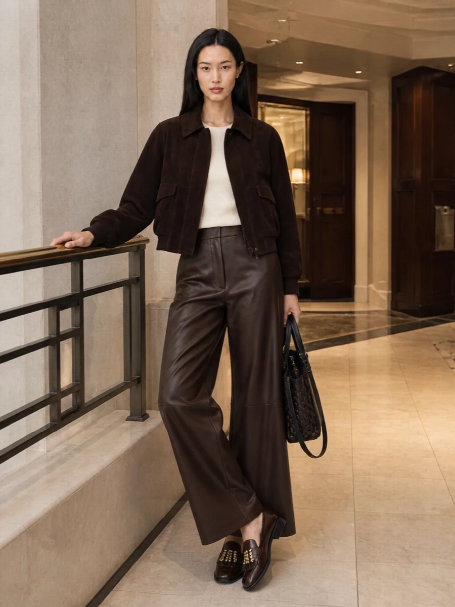 Loewe brown bomber wide leg trousers outfit