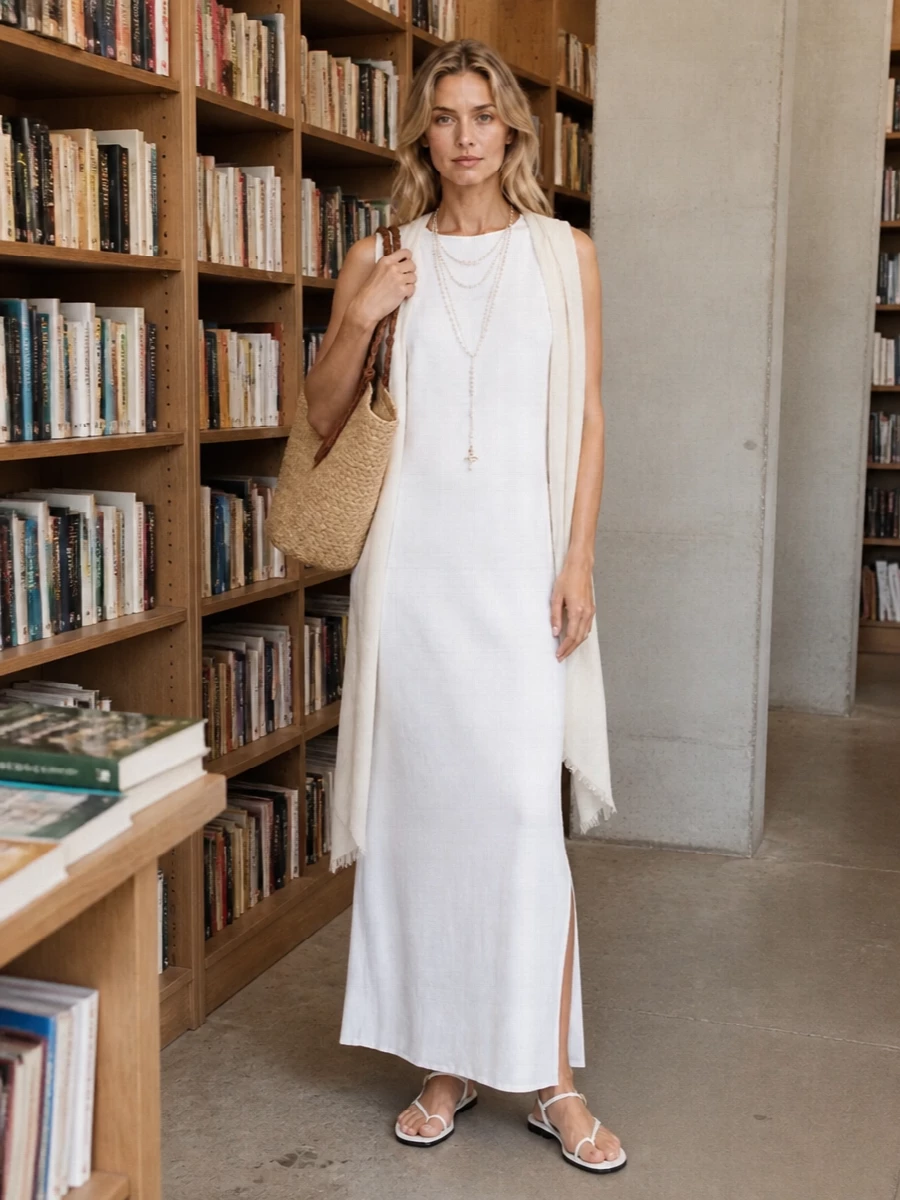Jacquemus white maxi dress flat sandals straw tote