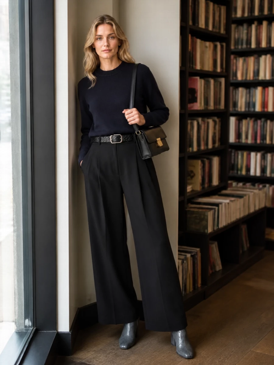 Golden goose navy sweater black wide leg trousers
